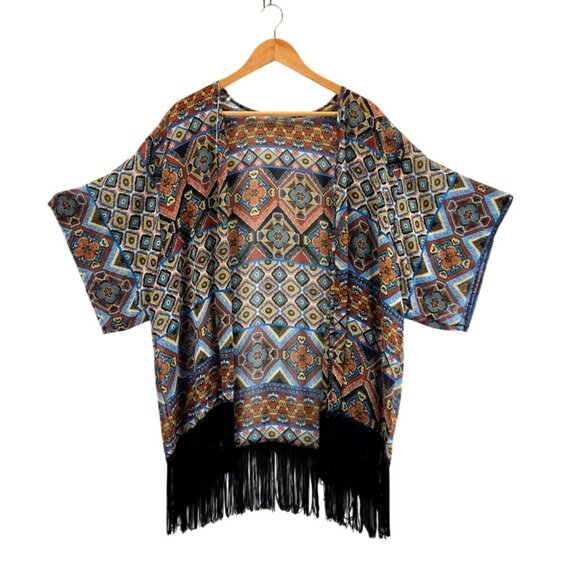 Kimono Boho Tribal Black Fringe Cardigan M by B_envied Wrap Gypsey Floral - Picture 1 of 13